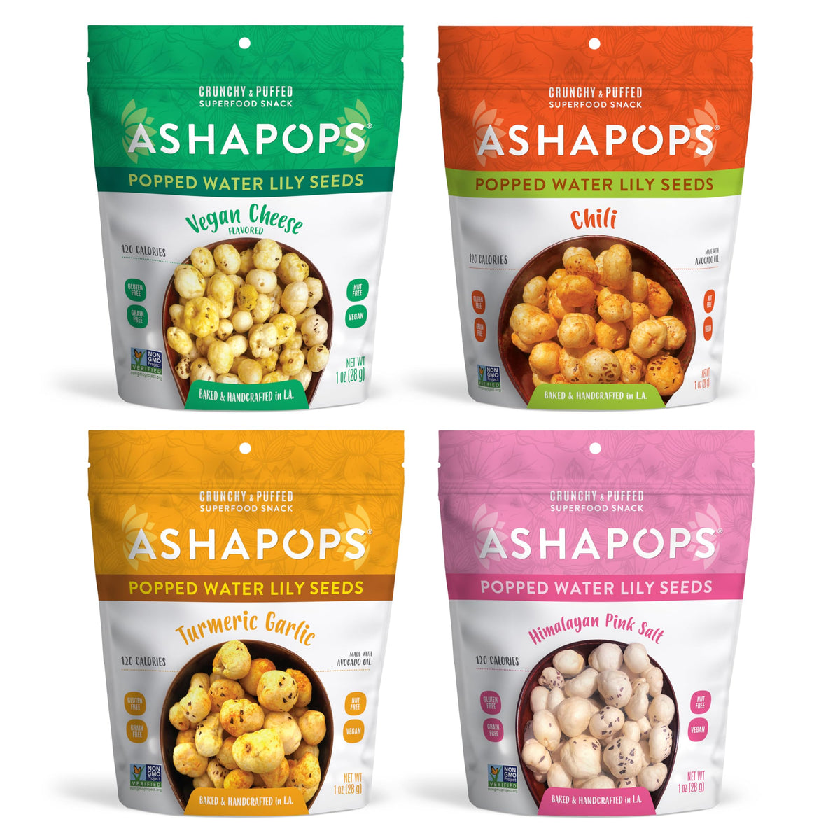 AshaPops Popped Water Lily Seeds Variety Pack – Gluten Free, Vegan, Paleo, 4 Bags