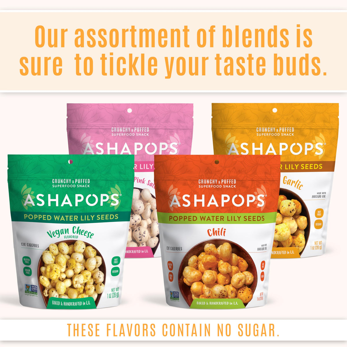 AshaPops Popped Water Lily Seeds Variety Pack – Gluten Free, Vegan, Paleo, 4 Bags