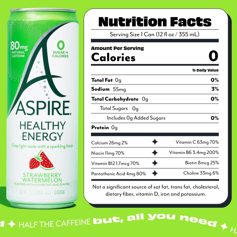 ASPIRE Healthy Energy Drink – Low Caffeine, Zero Sugar, Keto Friendly, Strawberry Watermelon (12 Pack)