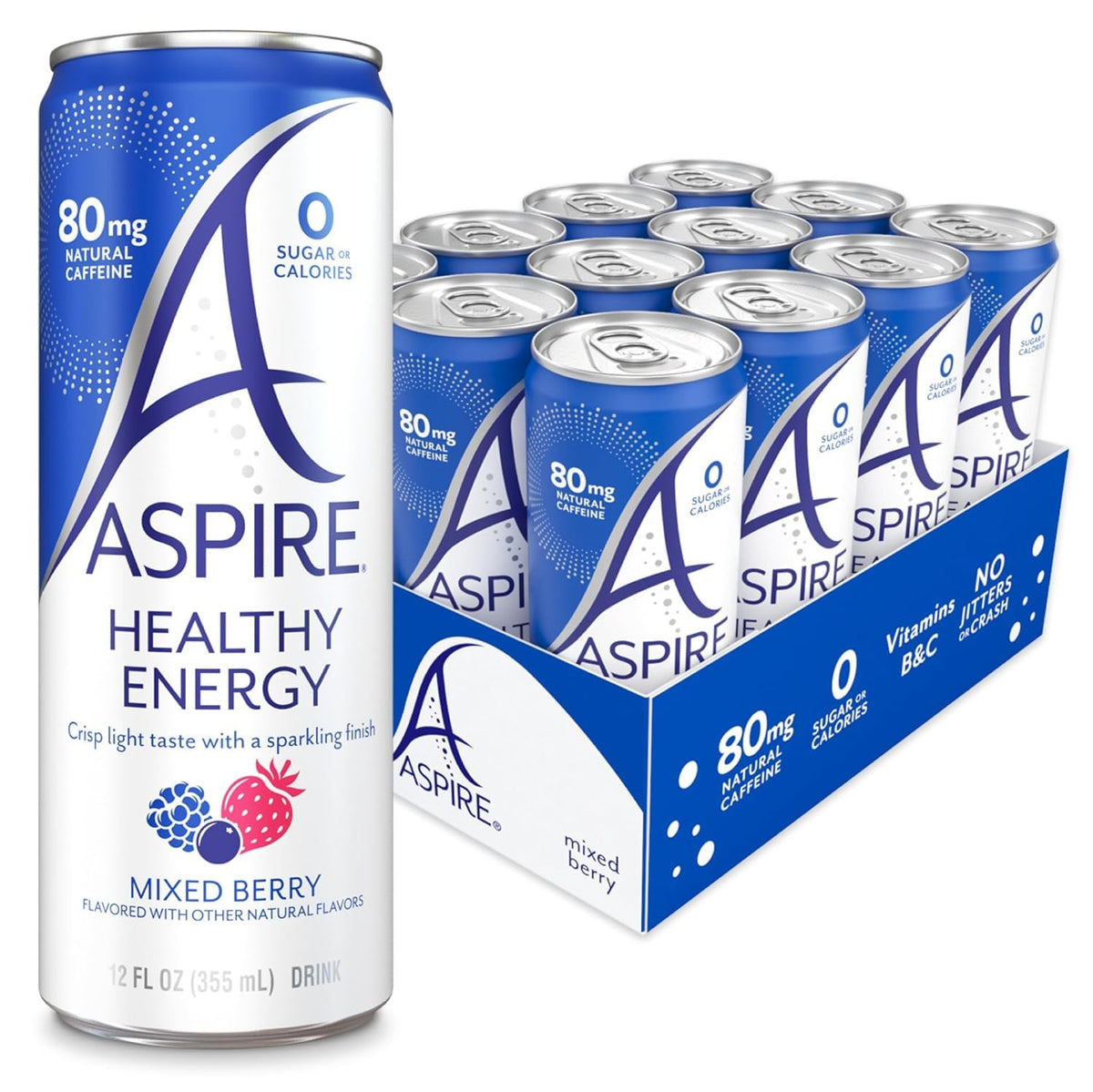 ASPIRE® Mixed Berry Energy Drink – 80mg Natural Caffeine, Zero Sugar, Keto Friendly, 12 Pack