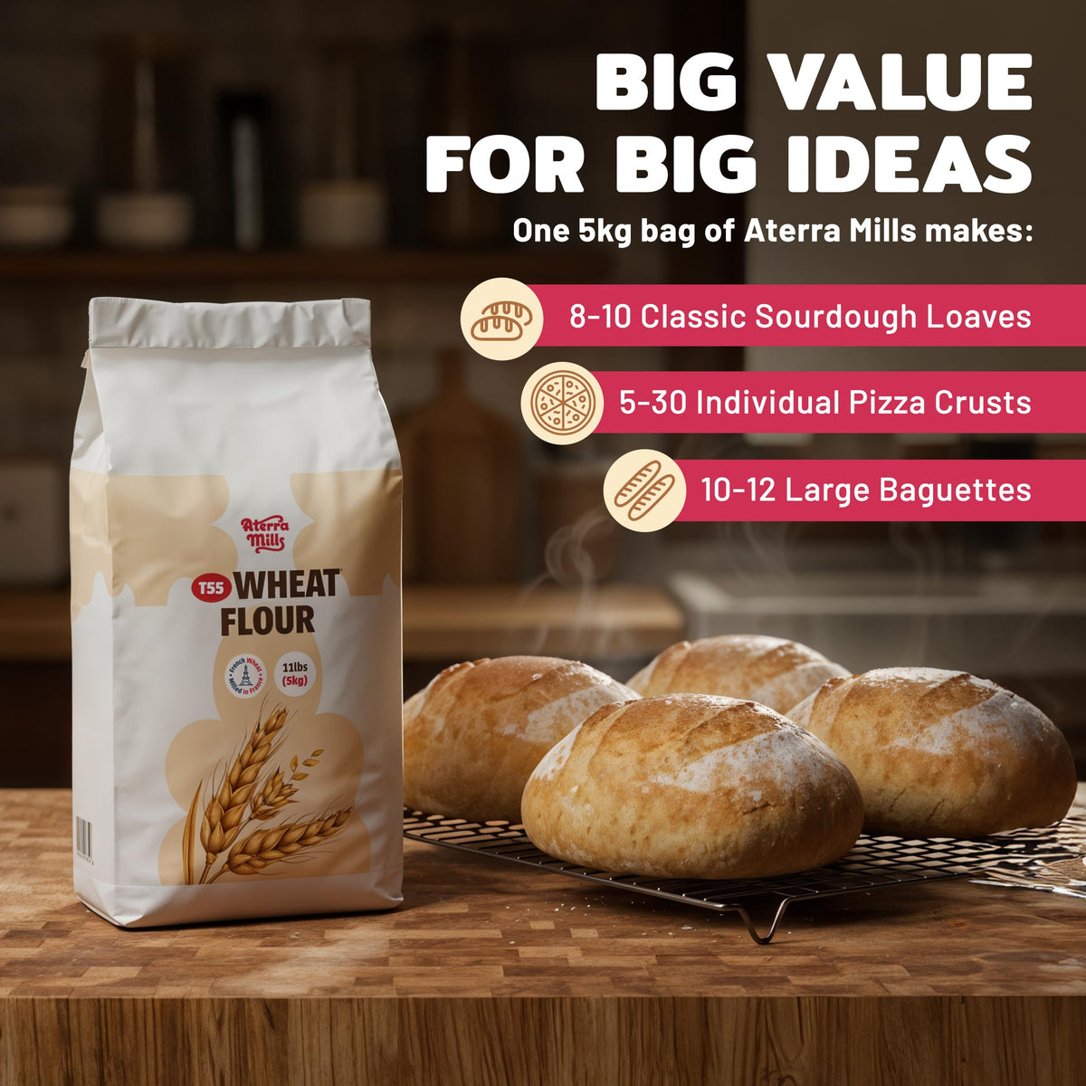 Aterra Mills T55 French All-Purpose Flour | Unbleached Bread Flour, 5kg