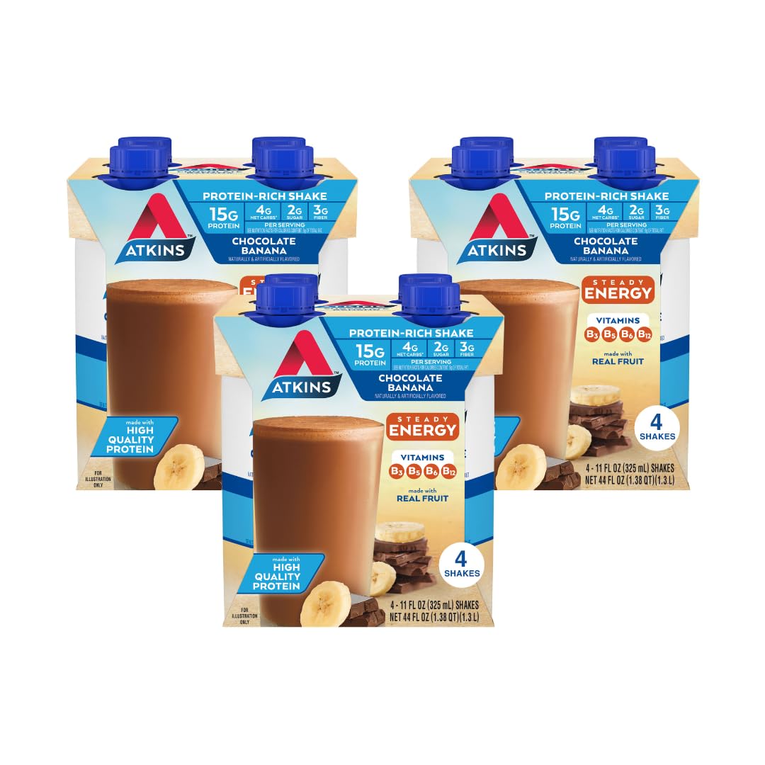 Atkins Chocolate Banana Protein Shake – 15g Protein, 5g Net Carbs, 11 fl oz (4 Pack)
