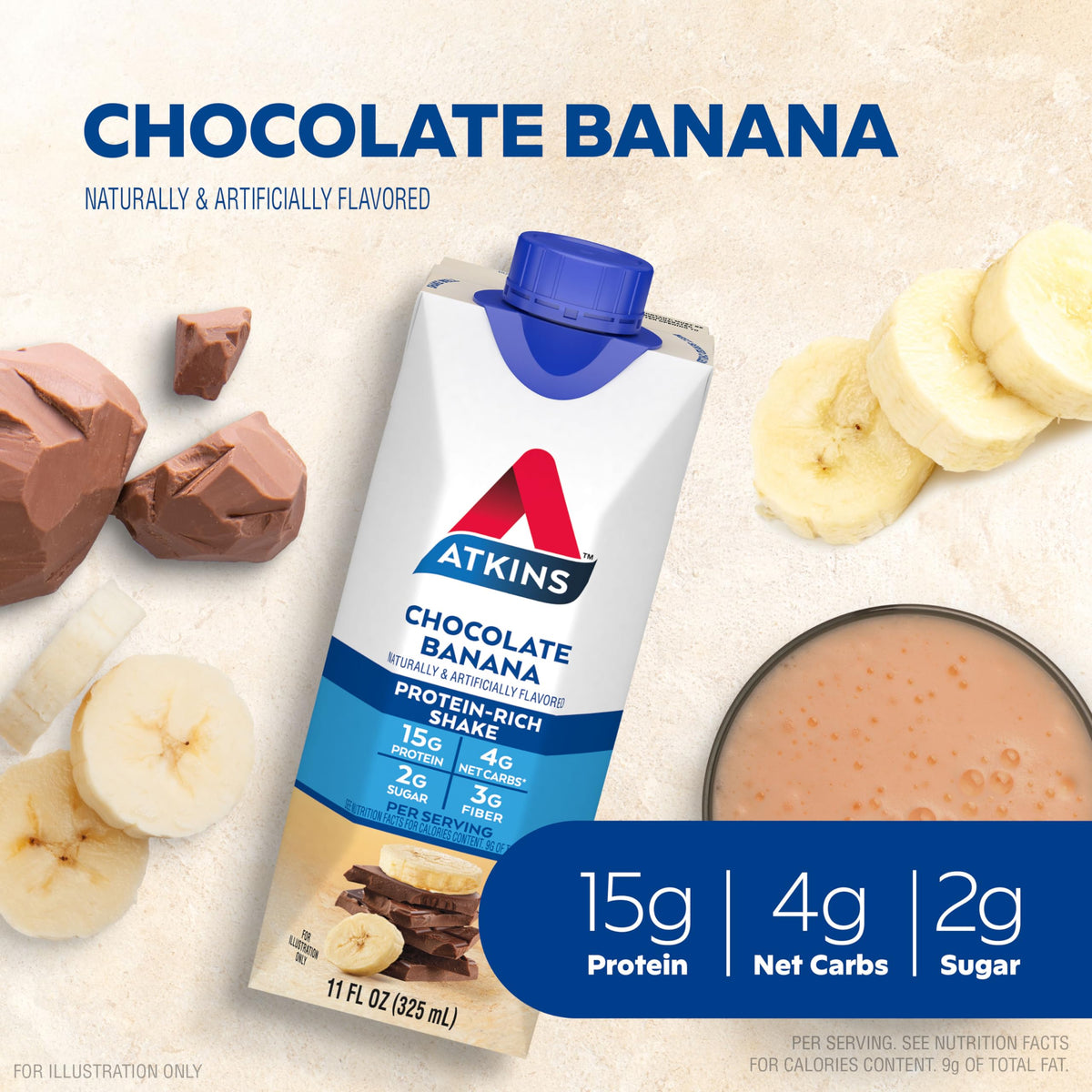 Atkins Chocolate Banana Protein Shake – 15g Protein, 5g Net Carbs, 11 fl oz (4 Pack)