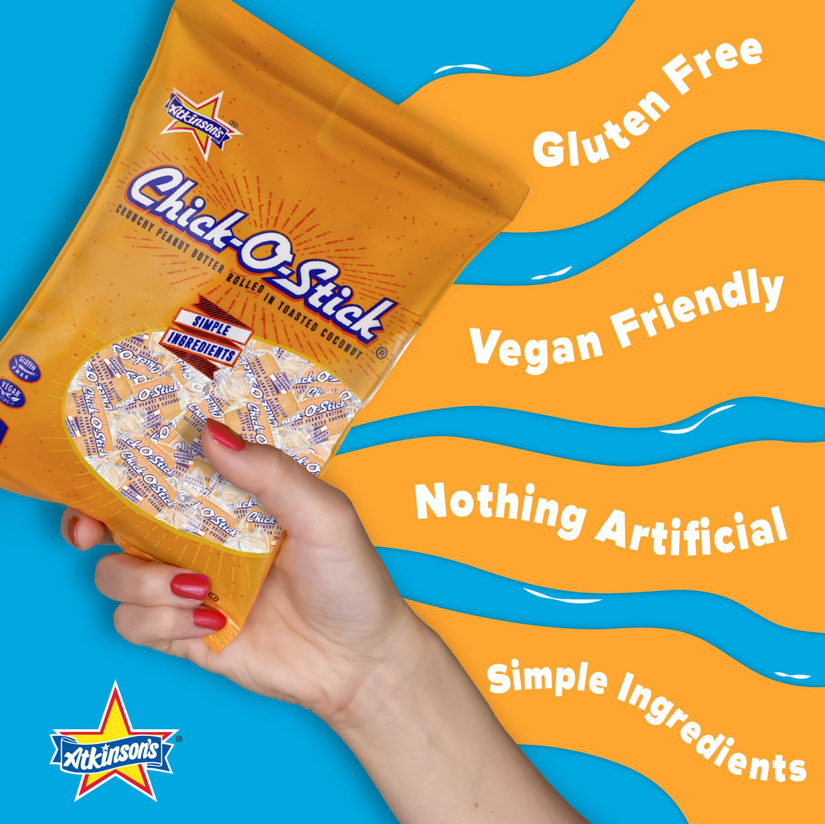 Atkinson's Chick-O-Stick - Crunchy Peanut Butter Rolled in Toasted Coconut - Gluten Free, Kosher, Vegan, No Artificial Ingredients - 1.6 oz Bar, 24 Count