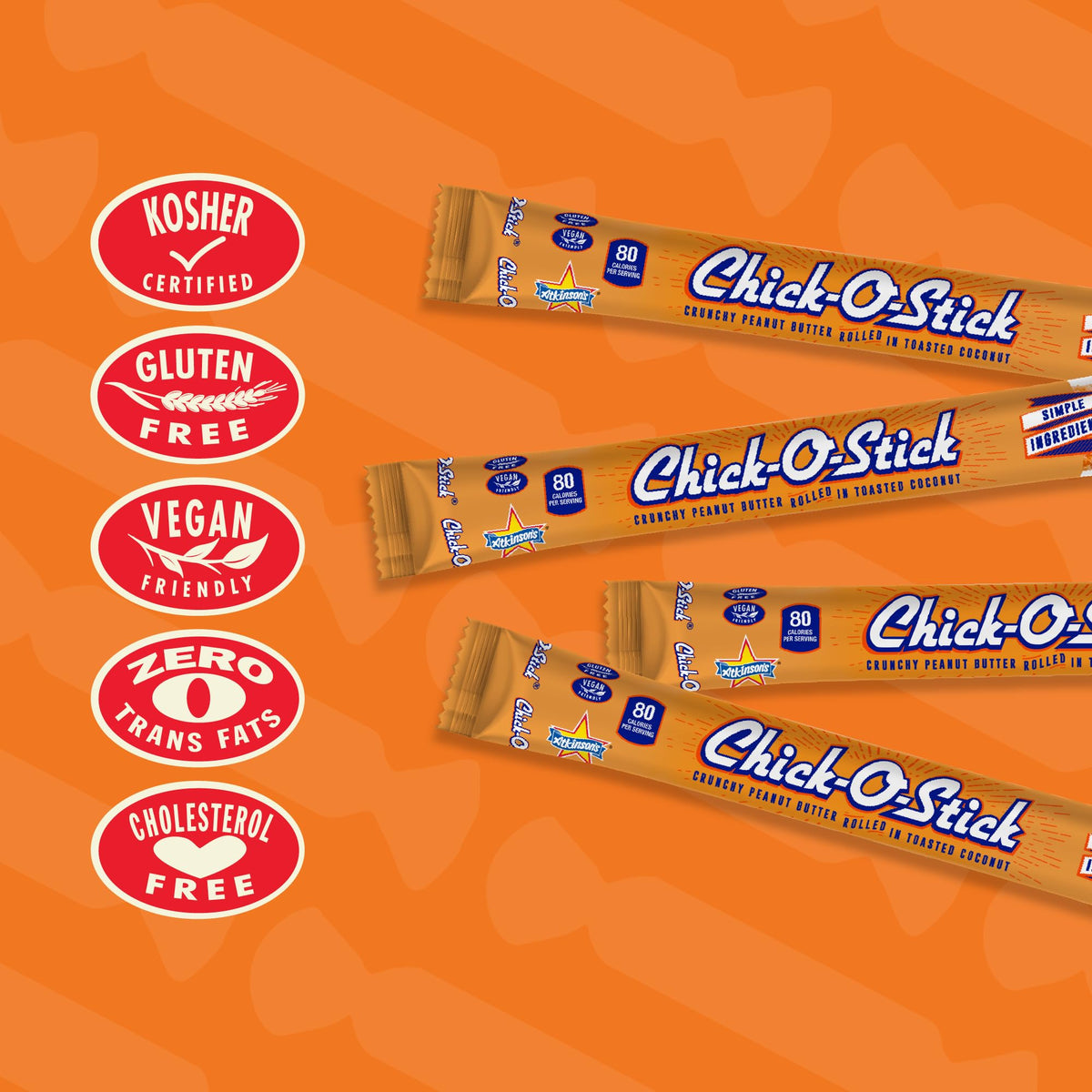 Atkinson's Chick-O-Stick - Crunchy Peanut Butter Rolled in Toasted Coconut - Gluten Free, Kosher, Vegan, No Artificial Ingredients - 1.6 oz Bar, 24 Count