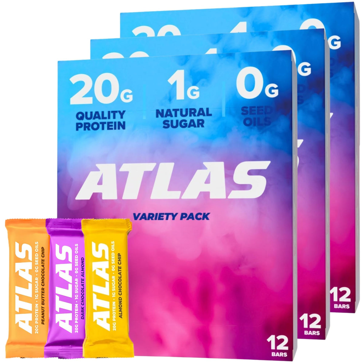 Atlas Protein Bar - 20g Protein, 1g Sugar, Clean Ingredients, Gluten Free Whey Variety, 36 Count