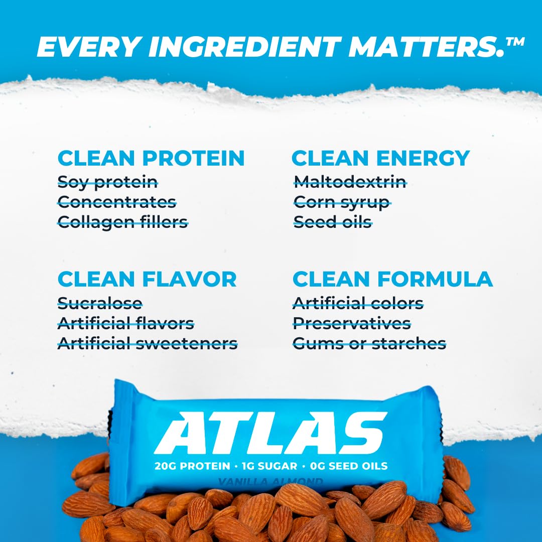 Atlas Real Food Protein Bar – 20g Protein, 1g Sugar, No Seed Oils, No Artificial Sweeteners (Variety, 24 Count)