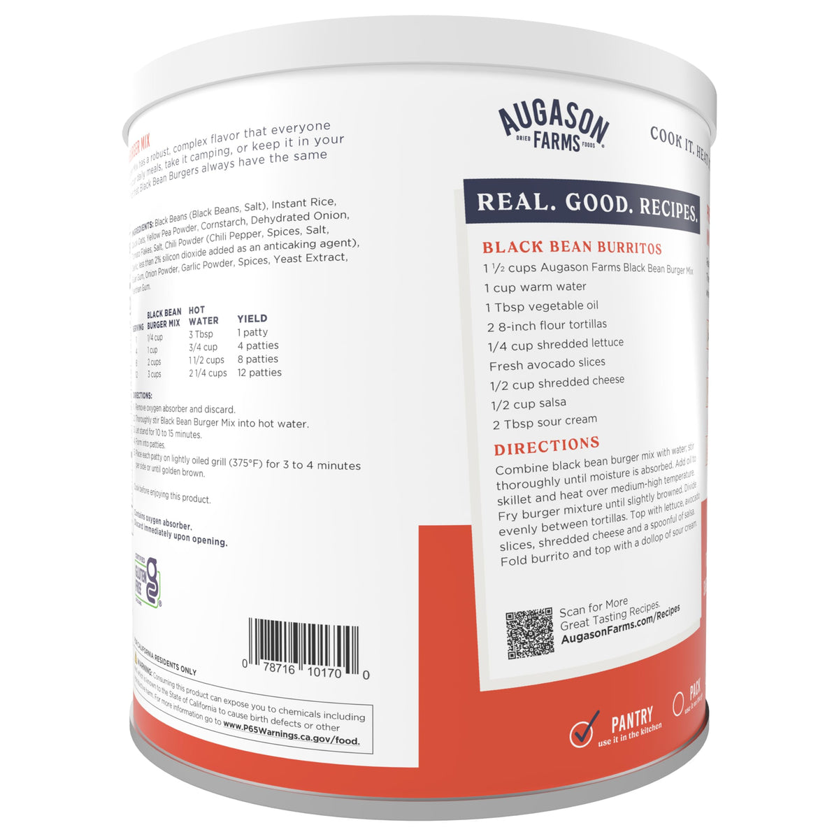 Augason Farms Black Bean Burger Mix Can – Gluten Free, 38 Servings, Emergency Food Storage