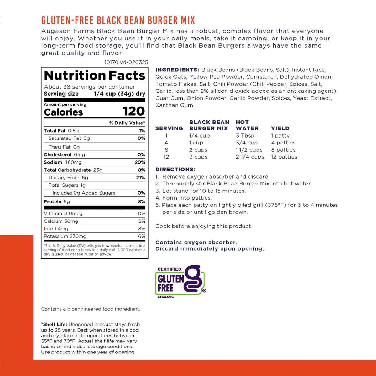 Augason Farms Black Bean Burger Mix Can – Gluten Free, 38 Servings, Emergency Food Storage