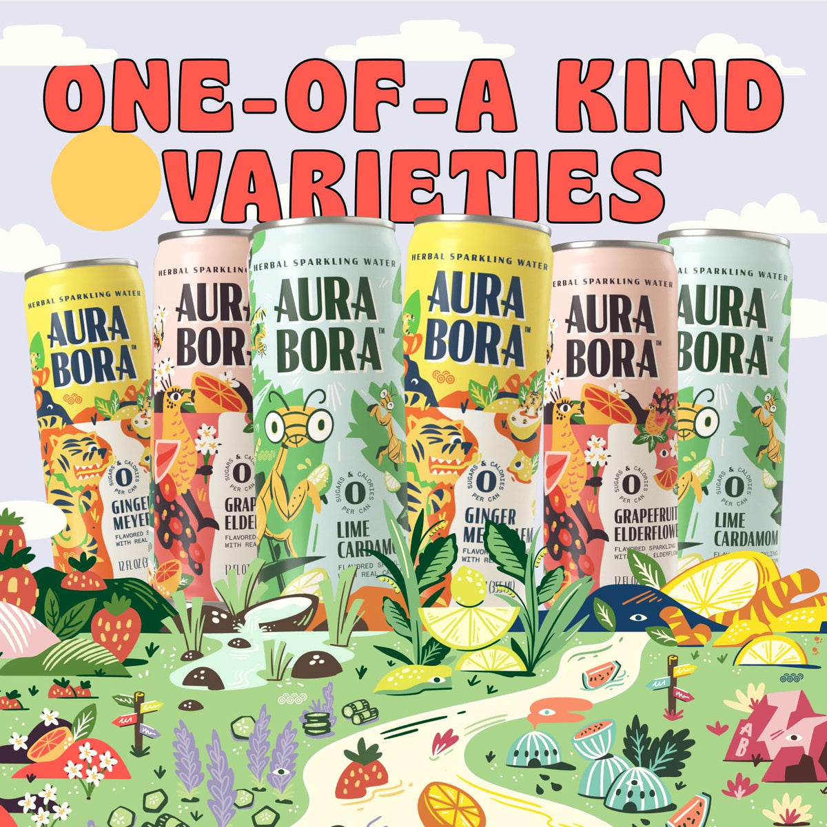 Aura Bora Citrus Variety Pack – Herbal Sparkling Water, 18 Cans, 0 Calories, 0 Sugar, 0 Sodium, Non-GMO