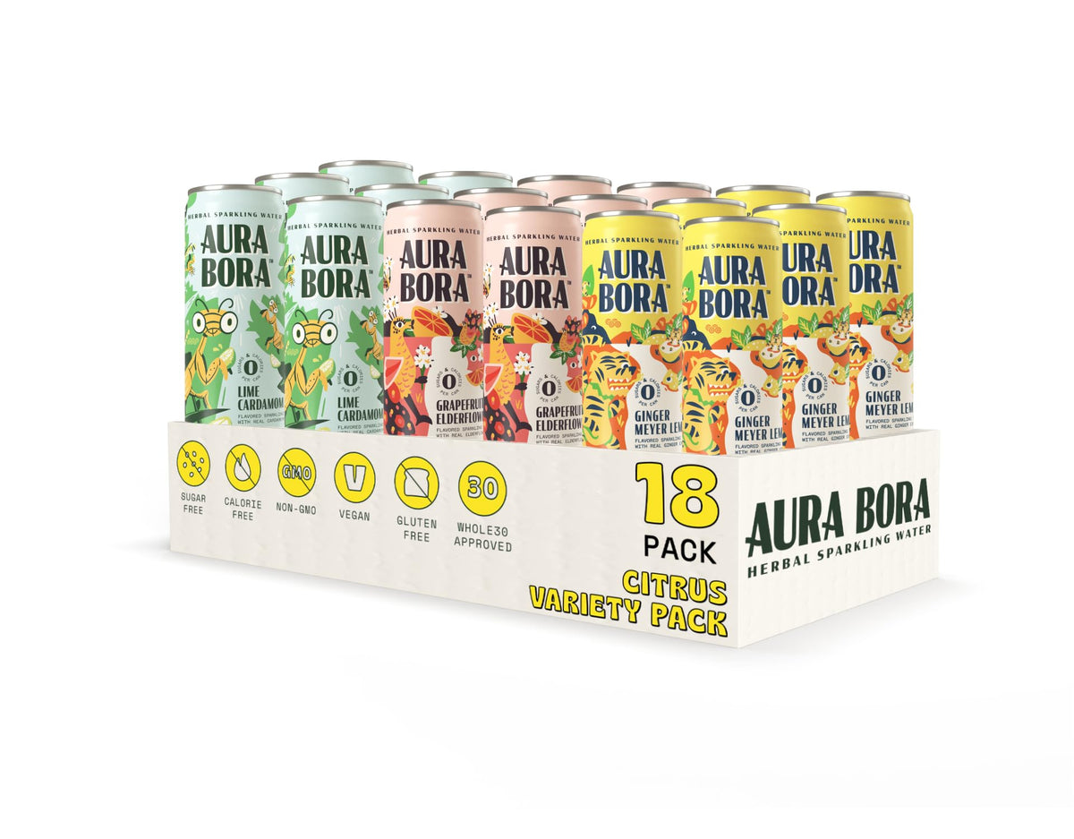 Aura Bora Citrus Variety Pack – Herbal Sparkling Water, 18 Cans, 0 Calories, 0 Sugar, 0 Sodium, Non-GMO