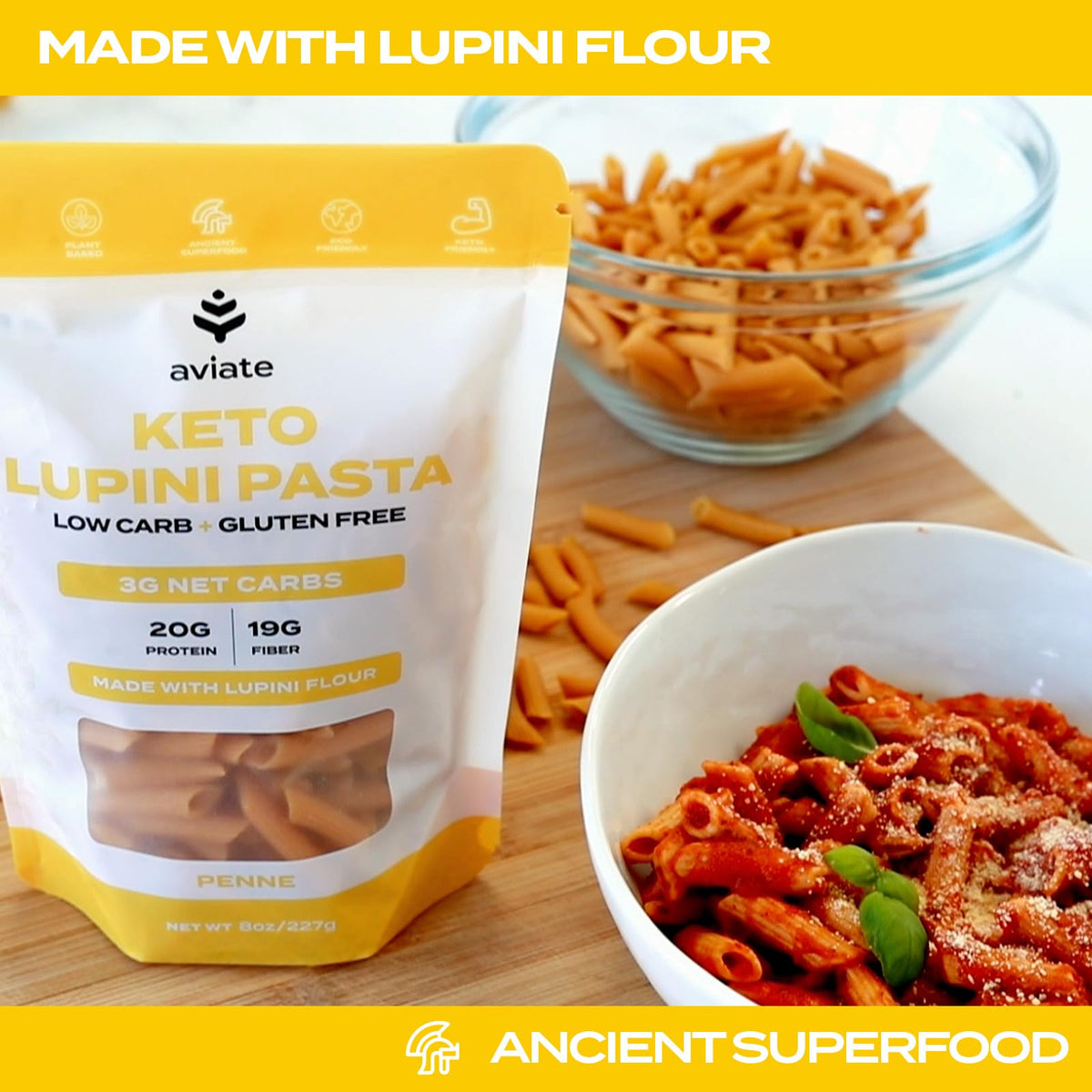 Aviate Keto Pasta Penne – Lupini Flour, 3g Net Carbs, 20g Protein, Gluten-Free (Pack of 3, 8oz)