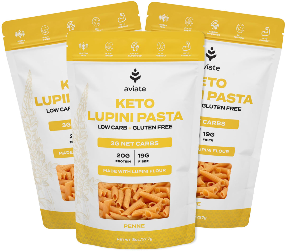 Aviate Keto Pasta Penne – Lupini Flour, 3g Net Carbs, 20g Protein, Gluten-Free (Pack of 3, 8oz)