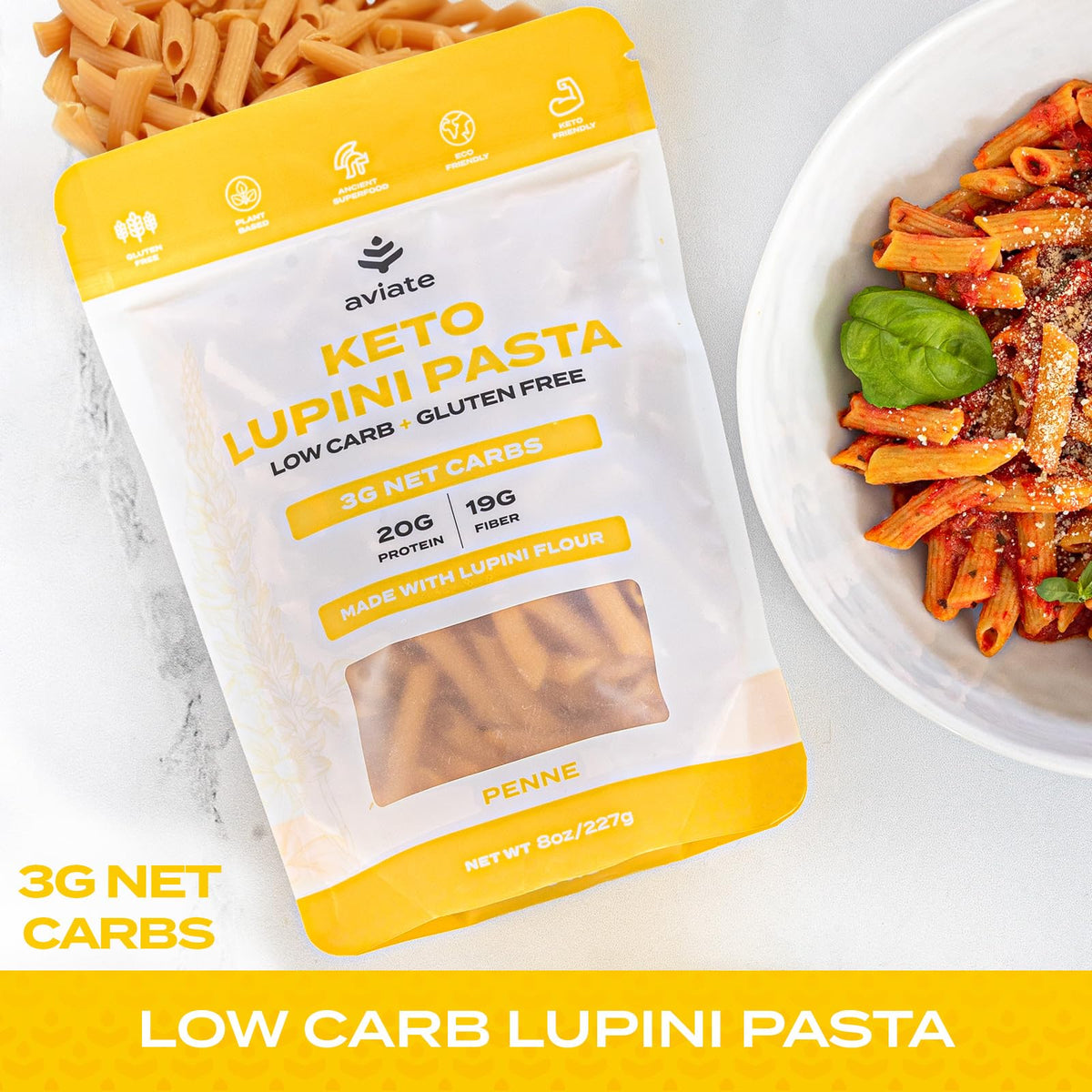 Aviate Keto Pasta Penne – Lupini Flour, 3g Net Carbs, 20g Protein, Gluten-Free (Pack of 3, 8oz)