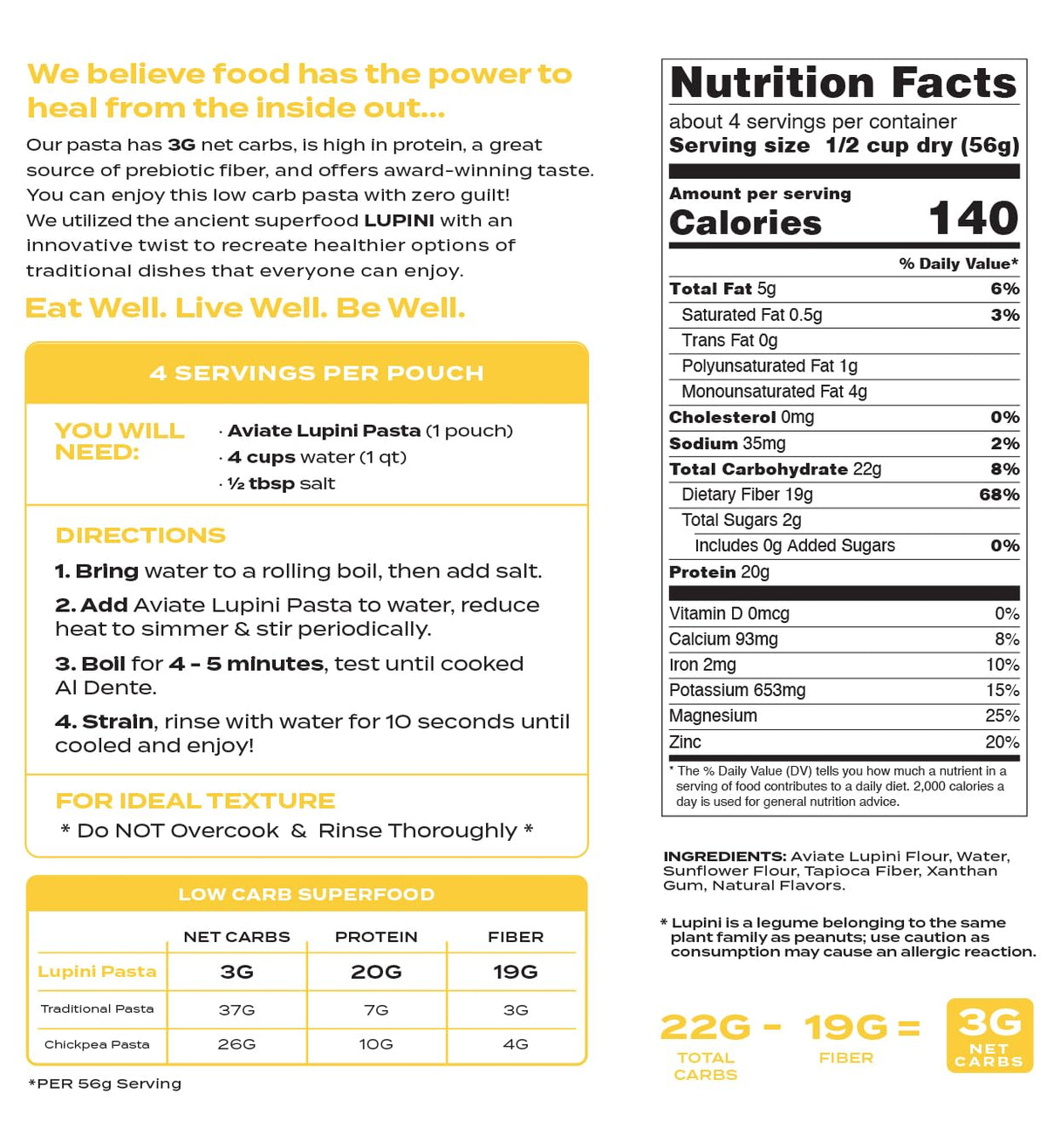 Aviate Keto Pasta Penne – Lupini Flour, 3g Net Carbs, 20g Protein, Gluten-Free (Pack of 3, 8oz)