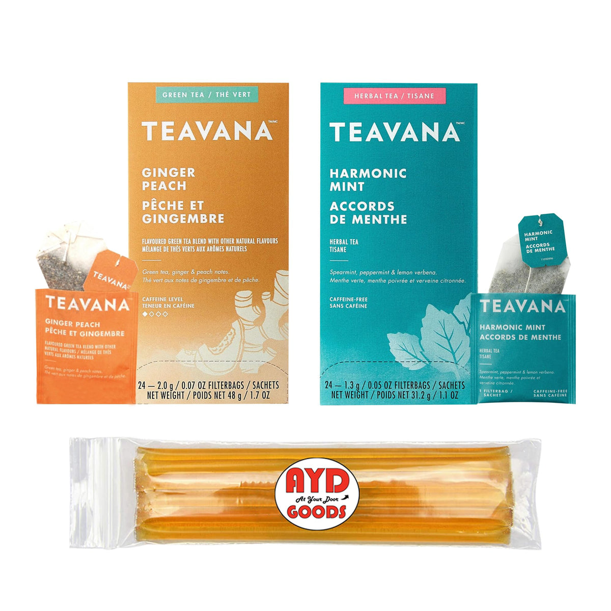 AYD Goods Medicine Ball Tea Bundle: Ginger Peach & Harmonic Mint with Honey Sticks (48 Teabags)