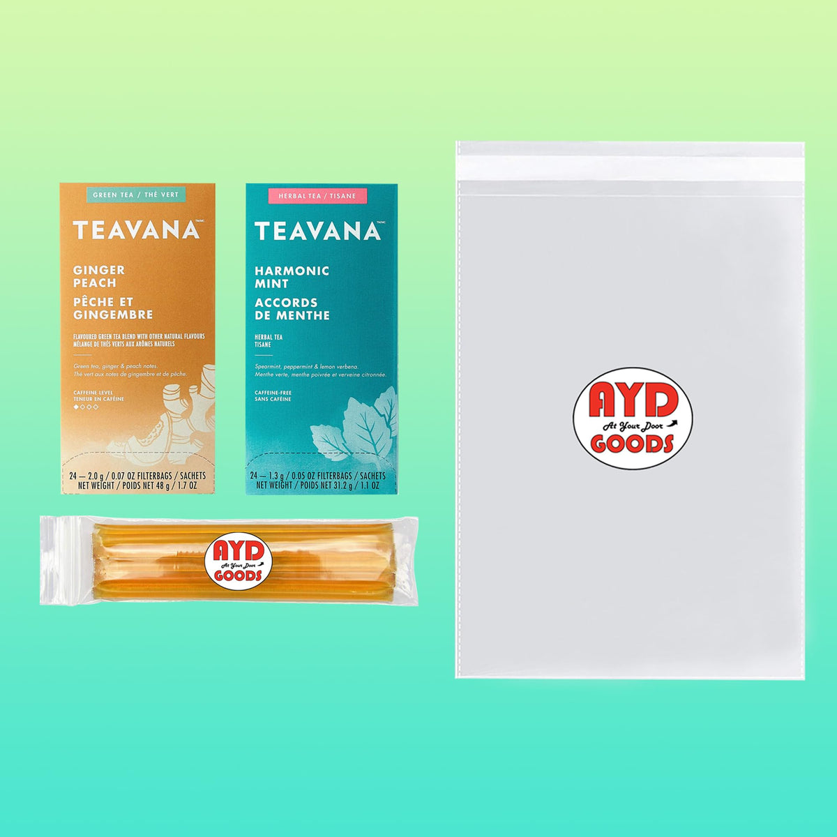 AYD Goods Medicine Ball Tea Bundle: Ginger Peach & Harmonic Mint with Honey Sticks (48 Teabags)