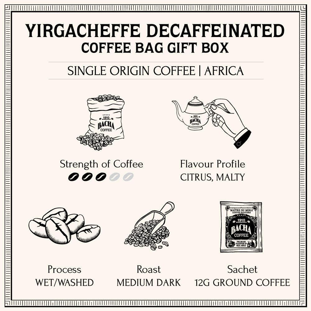 Bacha Coffee Yirgacheffe Decaf Ethiopia | 12 Drip Bags, 100% Arabica, Medium-Dark Roast
