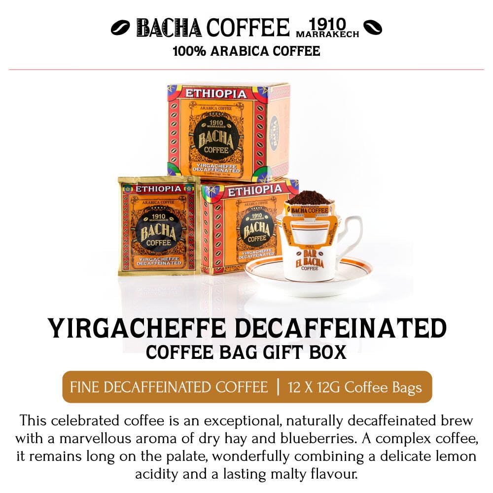 Bacha Coffee Yirgacheffe Decaf Ethiopia | 12 Drip Bags, 100% Arabica, Medium-Dark Roast