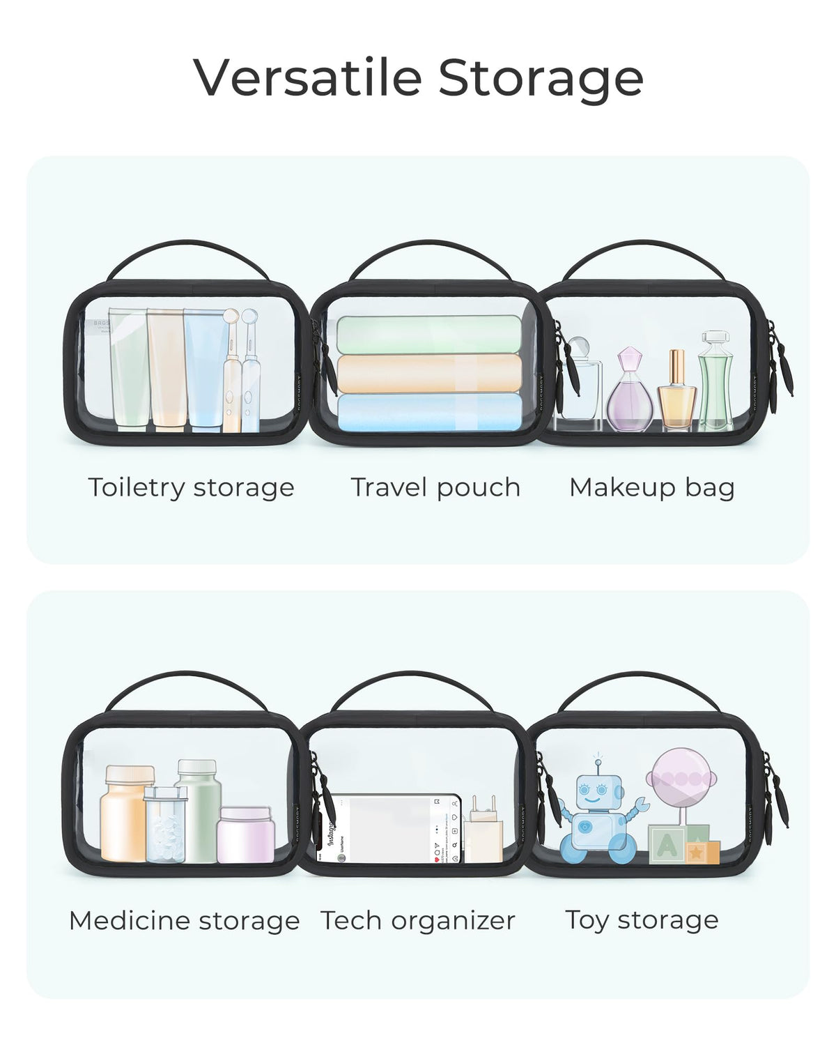 BAGSMART Double Layer Clear Makeup Bag, TSA-Approved Toiletry Bag, Large Opening with Handle, Cute Water-Resistant Travel Cosmetic Bag with Double Zipper for Car Essentials(Pink)