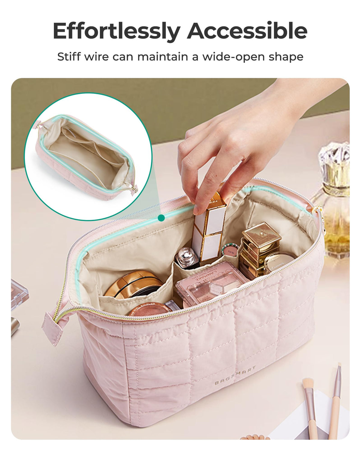 BAGSMART Makeup Bag Travel Toiletry Bag, Puffy Padded Make Up Bags for Women Makeup Organizer Case, Wide-open Pouch Purse Travel Essentials Toiletries Accessories Brushes, Ditsy Cherry