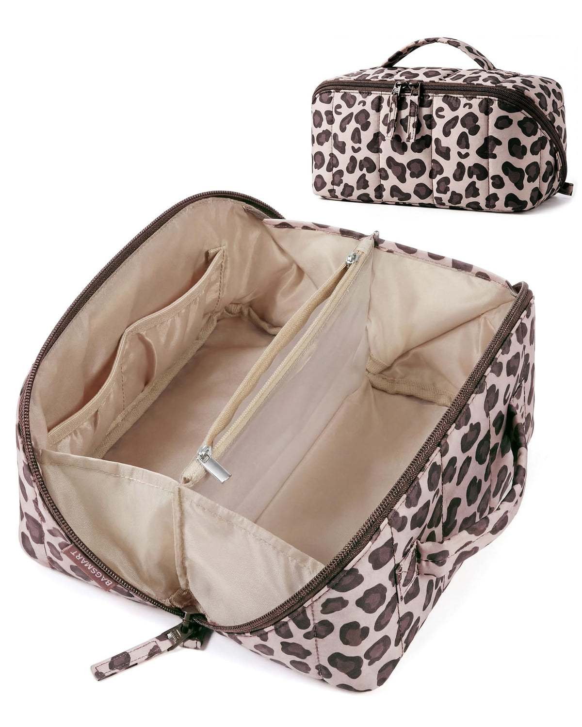 BAGSMART Puffy Open Flat Travel Makeup Bag Toiletry Bag for Women, Leopard