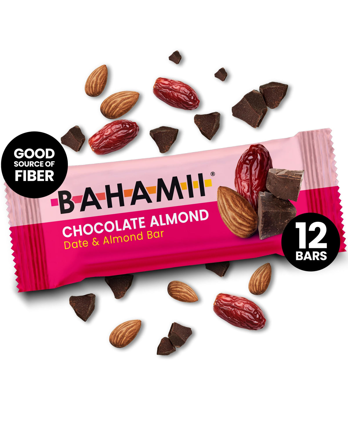Bahamii Chocolate Almond Date Energy Bars – 6 Ingredients, No Sugar Added, Gluten Free, 12 Pack