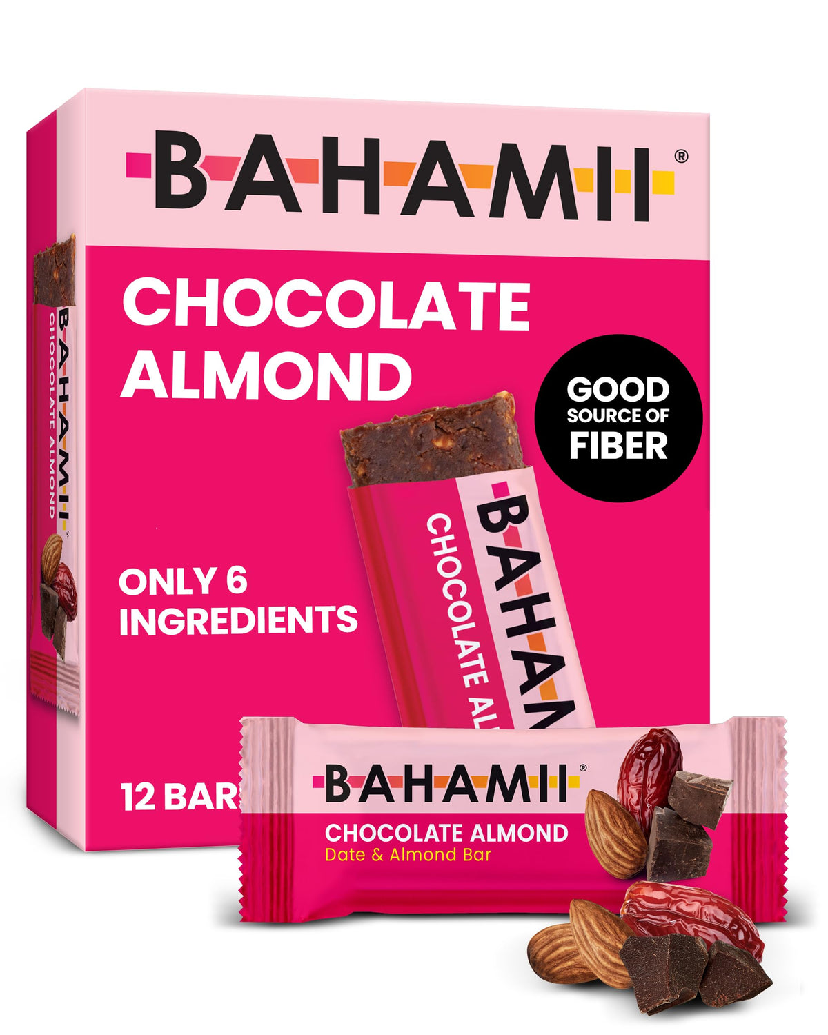 Bahamii Chocolate Almond Date Energy Bars – 6 Ingredients, No Sugar Added, Gluten Free, 12 Pack