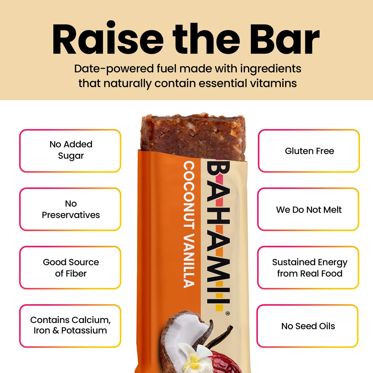 Bahamii Coconut Vanilla Date & Energy Bars – No Sugar Added, Gluten Free, Vegan (12 Pack)