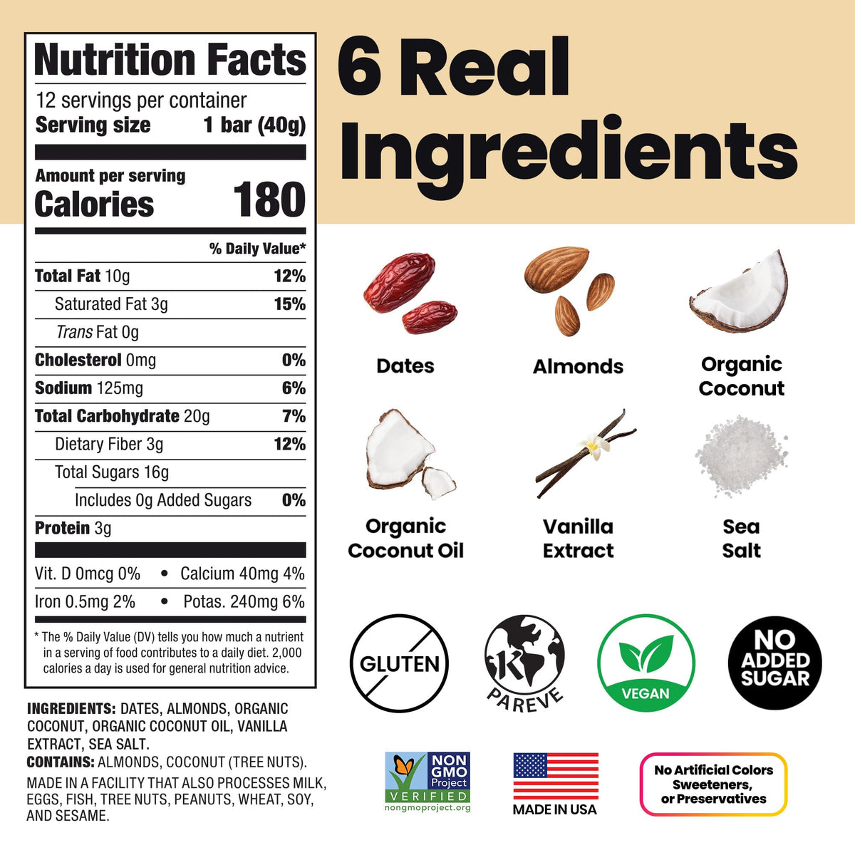 Bahamii Coconut Vanilla Date & Energy Bars – No Sugar Added, Gluten Free, Vegan (12 Pack)