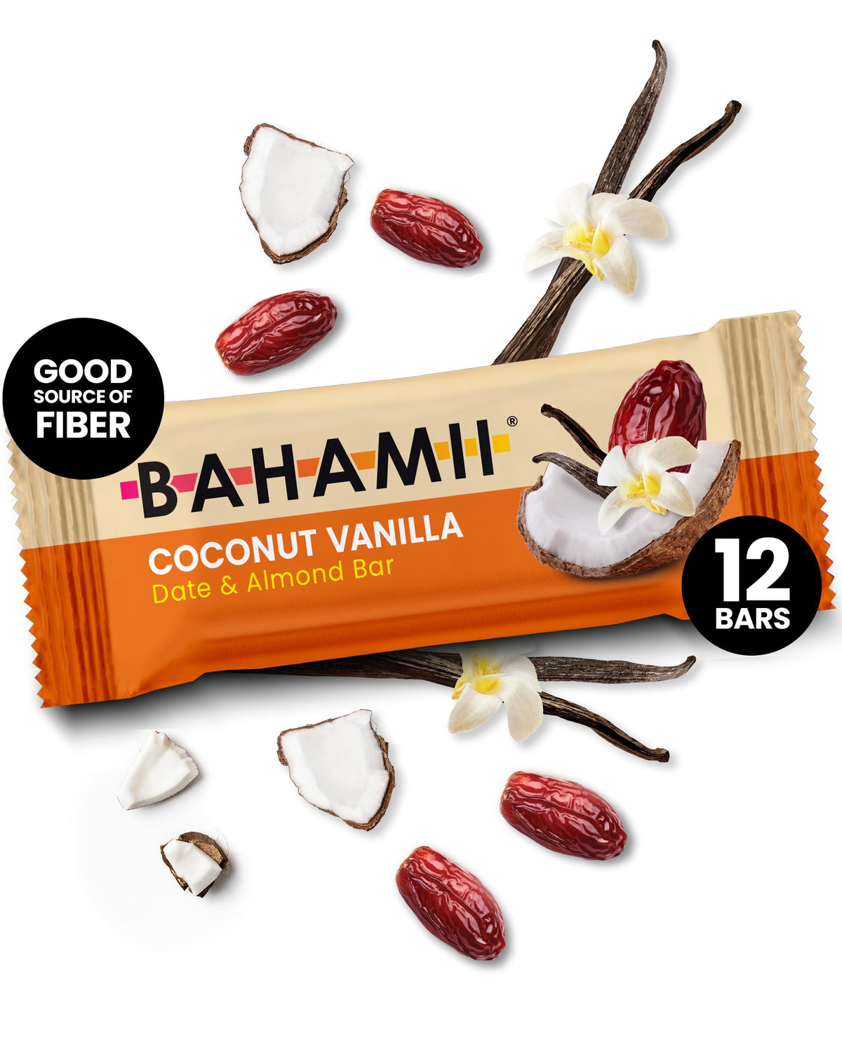 Bahamii Coconut Vanilla Date & Energy Bars – No Sugar Added, Gluten Free, Vegan (12 Pack)