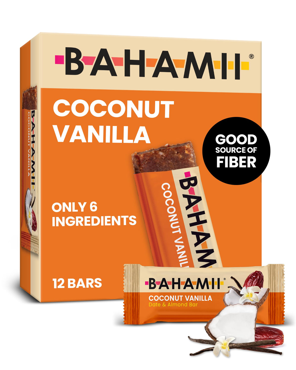 Bahamii Coconut Vanilla Date & Energy Bars – No Sugar Added, Gluten Free, Vegan (12 Pack)