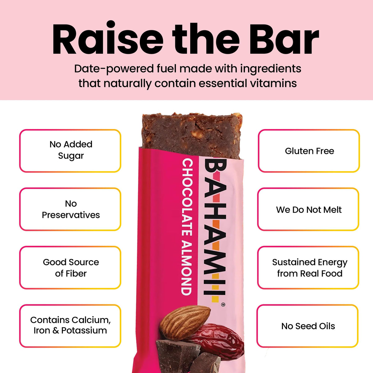 Bahamii Chocolate Almond Date Energy Bars – 6 Ingredients, No Sugar Added, Gluten Free, 12 Pack