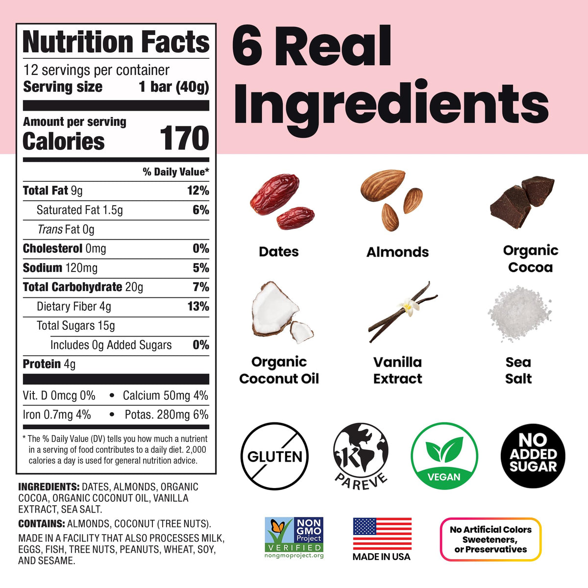 Bahamii Chocolate Almond Date Energy Bars – 6 Ingredients, No Sugar Added, Gluten Free, 12 Pack