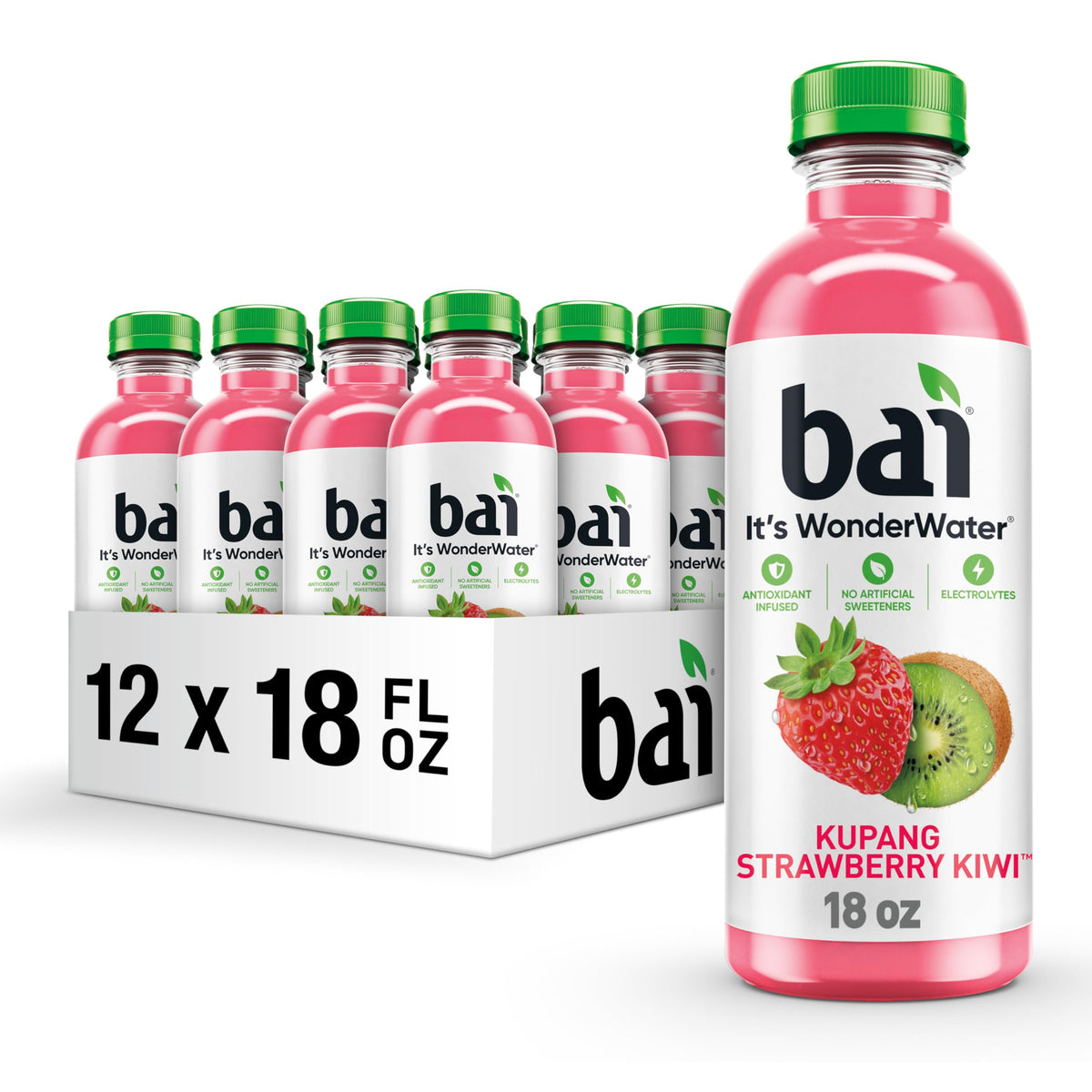 Bai Kupang Strawberry Kiwi Antioxidant Infused Water — 18oz Bottle, 12-Pack, Vitamin C, Zinc, 1g Sugar, No Artificial Sweeteners