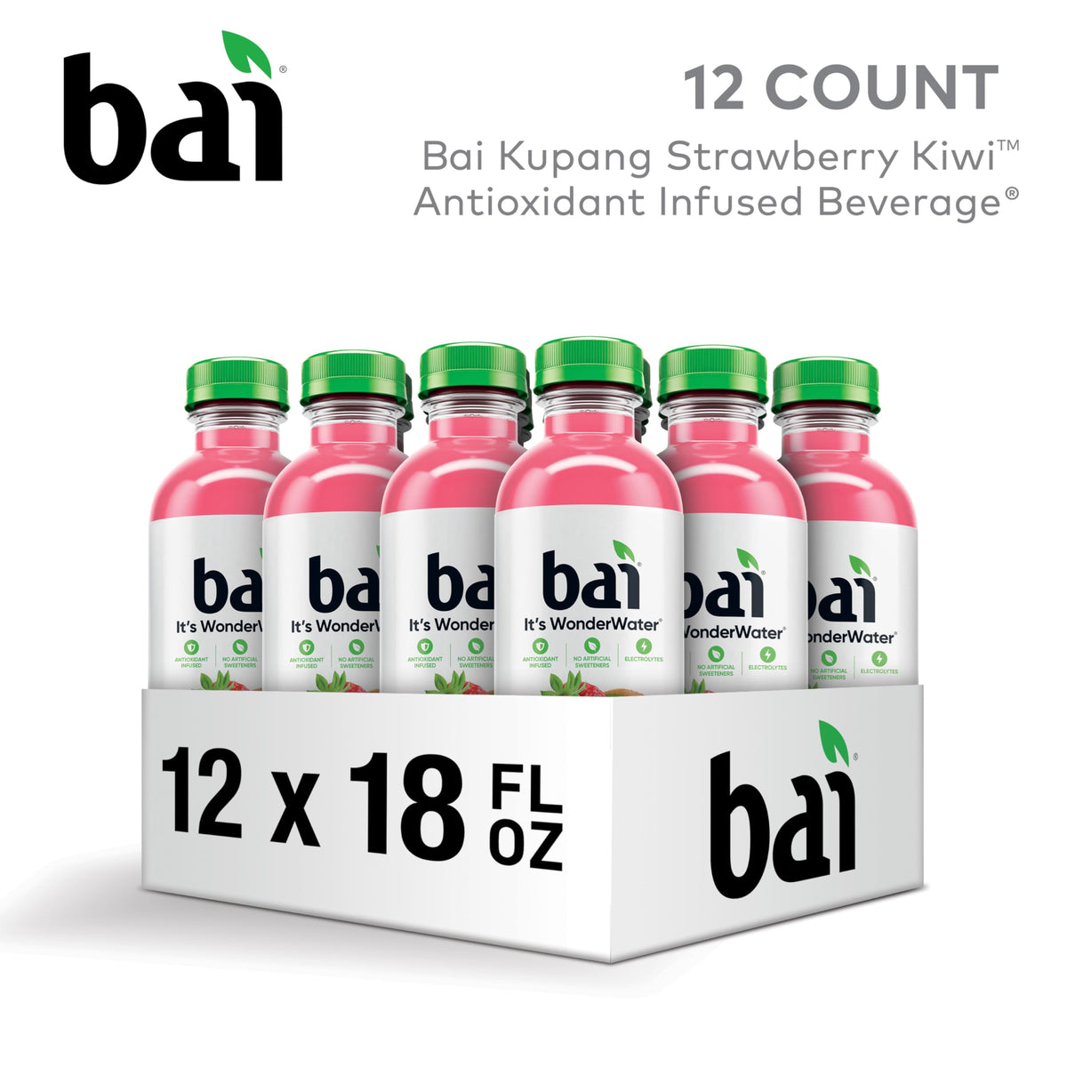 Bai Kupang Strawberry Kiwi Antioxidant Infused Water — 18oz Bottle, 12-Pack, Vitamin C, Zinc, 1g Sugar, No Artificial Sweeteners