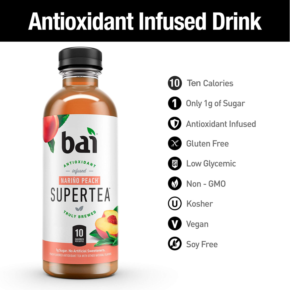 Bai Narino Peach Iced Tea – Antioxidant Infused Supertea, 18oz Bottles, 12 Pack