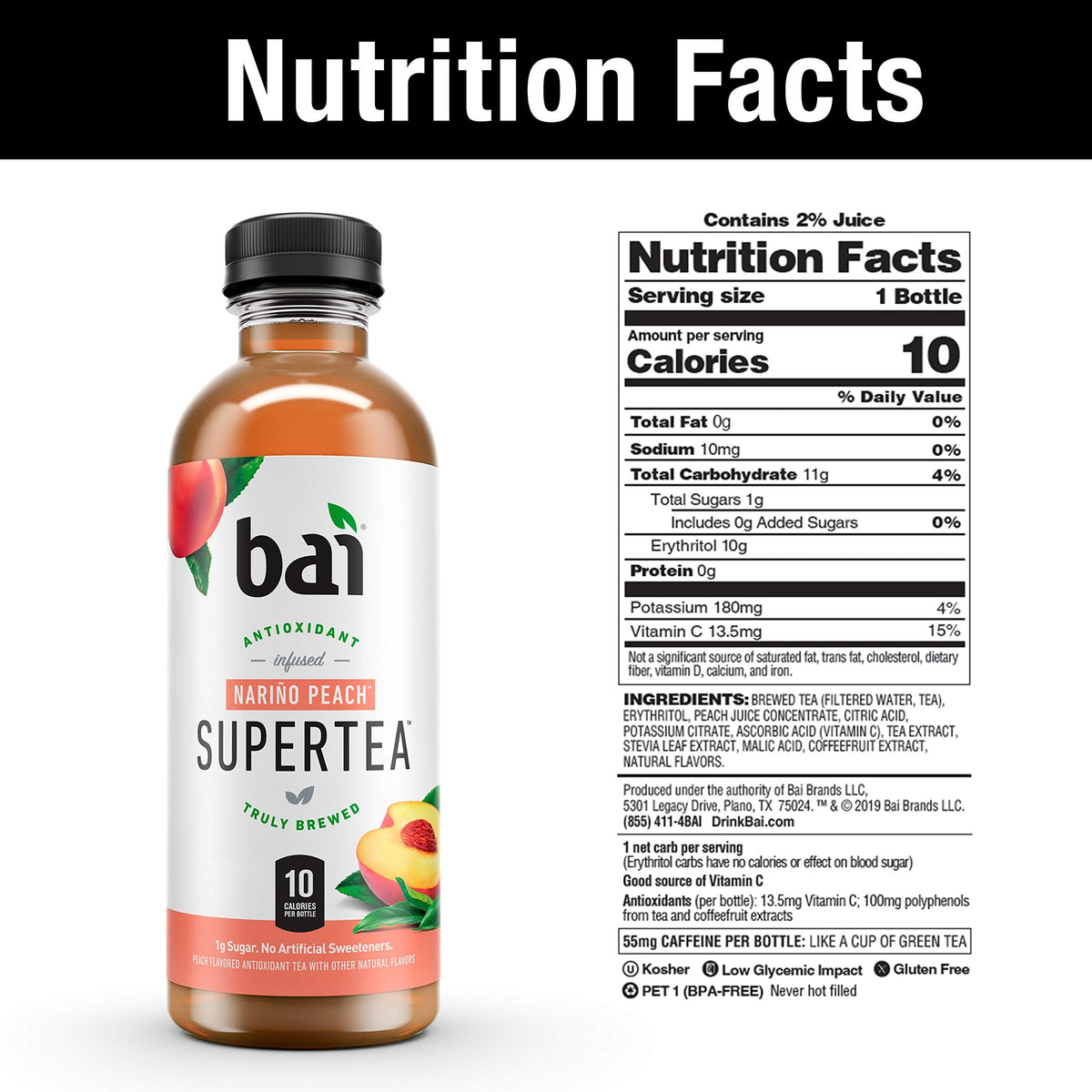 Bai Narino Peach Iced Tea – Antioxidant Infused Supertea, 18oz Bottles, 12 Pack