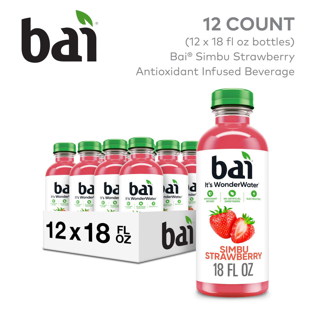 Bai Simbu Strawberry Antioxidant Infused Water – 18 Fl Oz Bottle, Pack of 12
