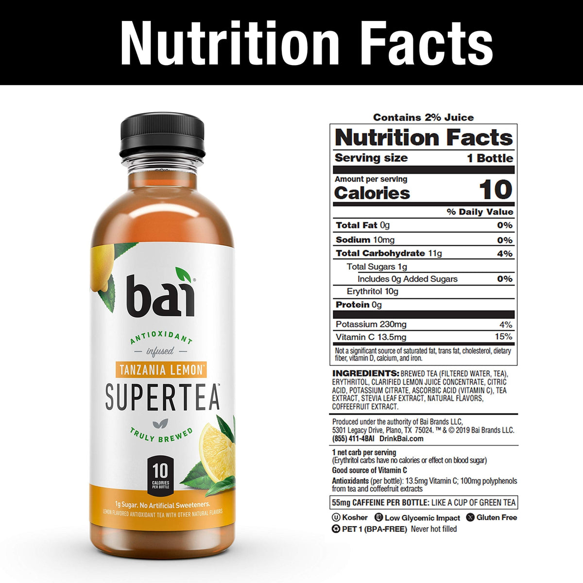 Bai Iced Tea Tanzania Lemon – Antioxidant Infused Supertea, Real Tea Blend, 18oz Bottles (12 Pack)