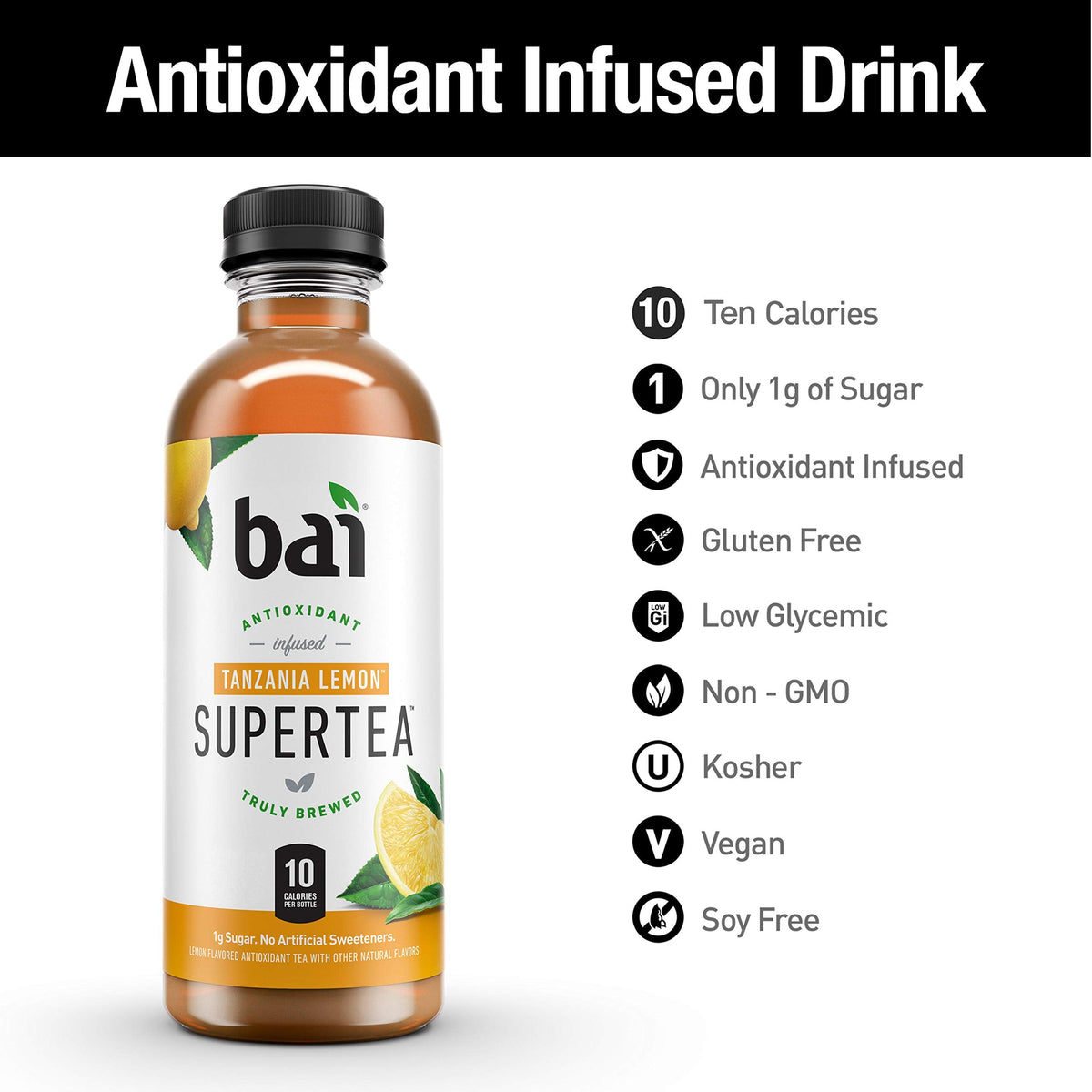 Bai Iced Tea Tanzania Lemon – Antioxidant Infused Supertea, Real Tea Blend, 18oz Bottles (12 Pack)