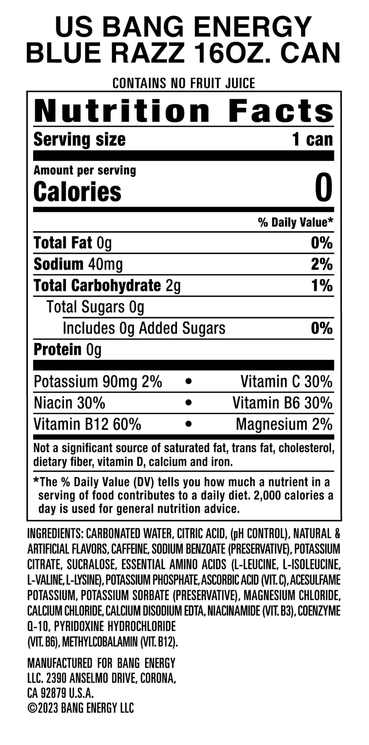 Bang Energy Blue Razz – Sugar-Free 16oz Caffeine Drink