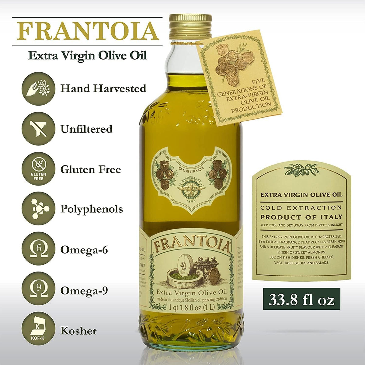 Barbera Frantoia EVOO – 2x 1L Sicilian Extra Virgin Olive Oil (Biancolilla, Nocellara, Cerasuola) Cold-Pressed