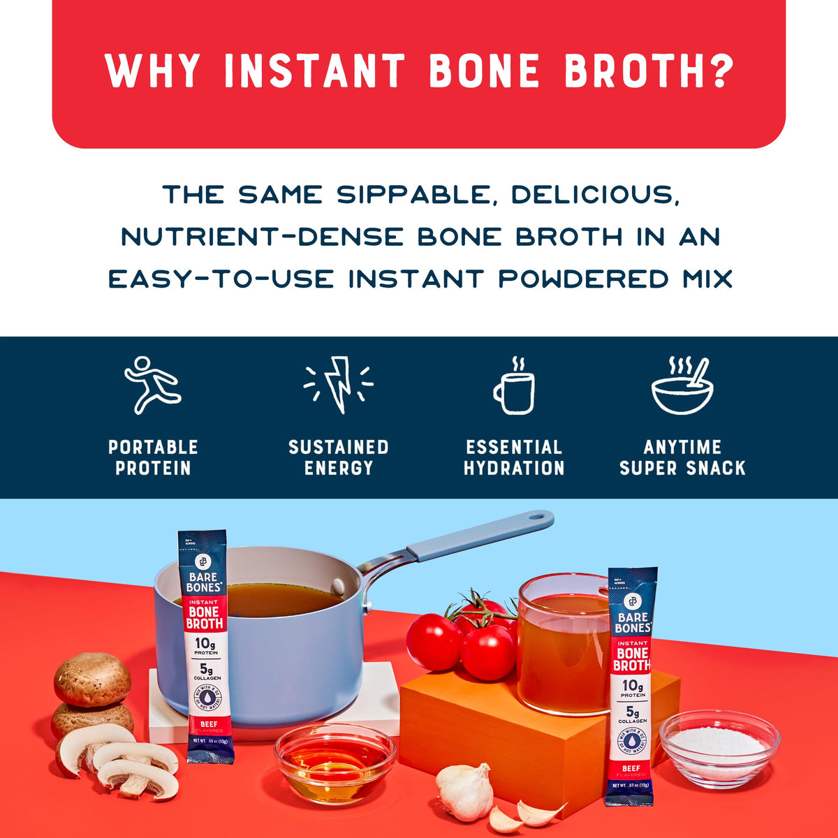 Bare Bones Beef Bone Broth Instant Packets – 5g Collagen, 10g Protein, Keto & Paleo Friendly | 16 Pack
