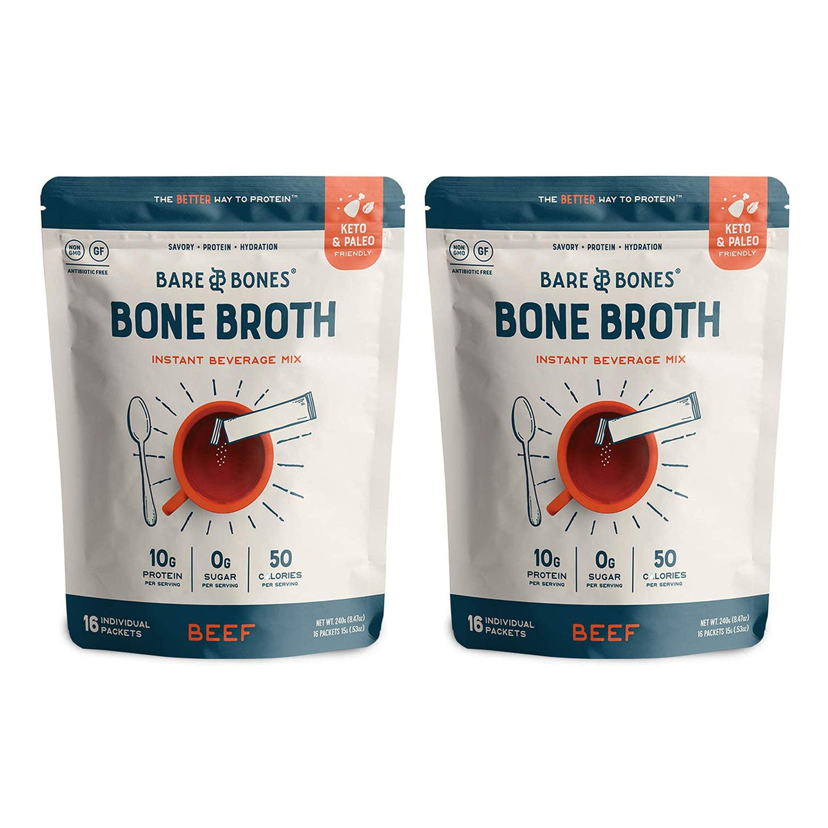 Bare Bones Beef Bone Broth Instant Powder Packets — 32 Pack, Grass-Fed, Keto & Paleo Friendly, 10g Protein per Stick