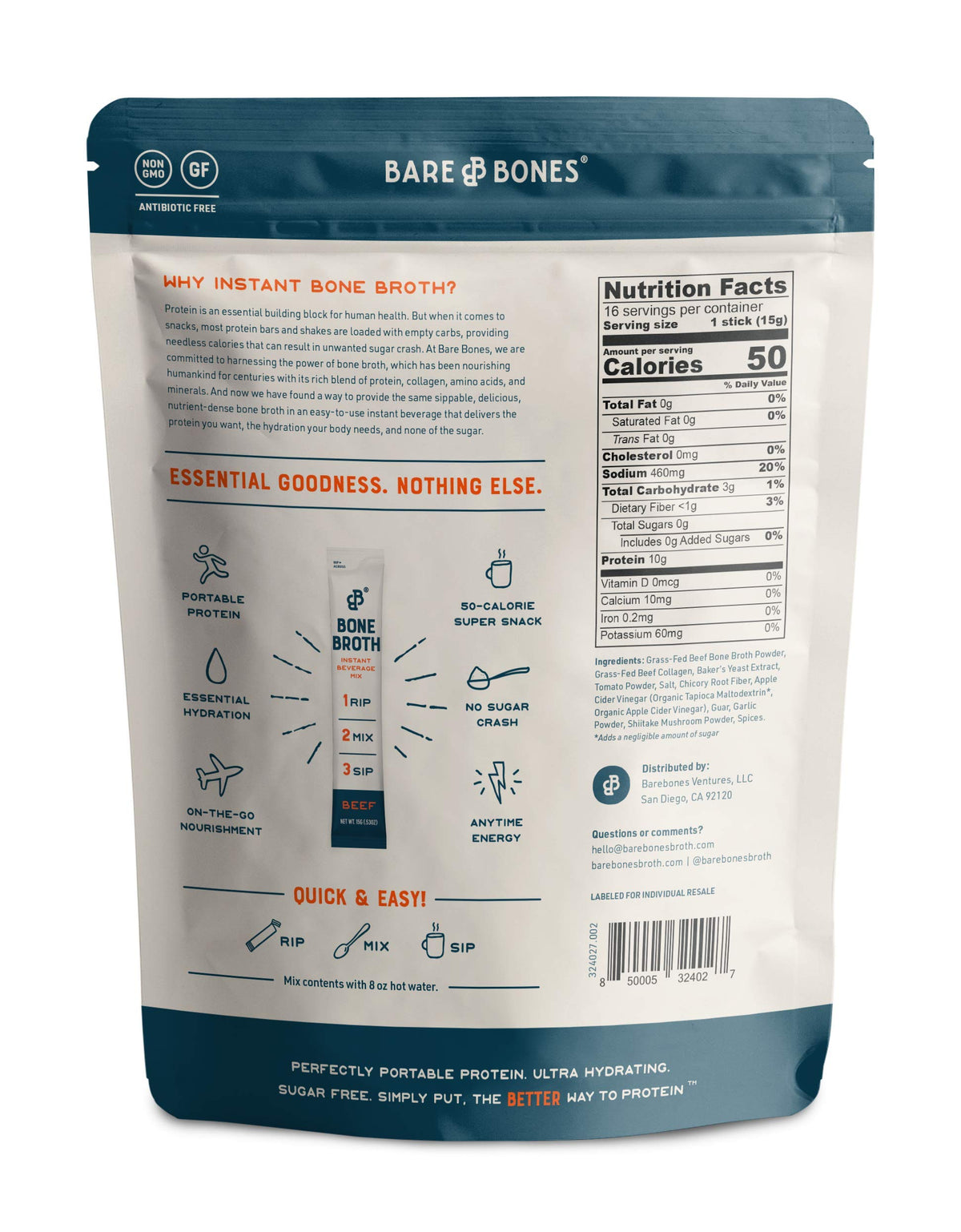 Bare Bones Beef Bone Broth Instant Powder Packets — 32 Pack, Grass-Fed, Keto & Paleo Friendly, 10g Protein per Stick