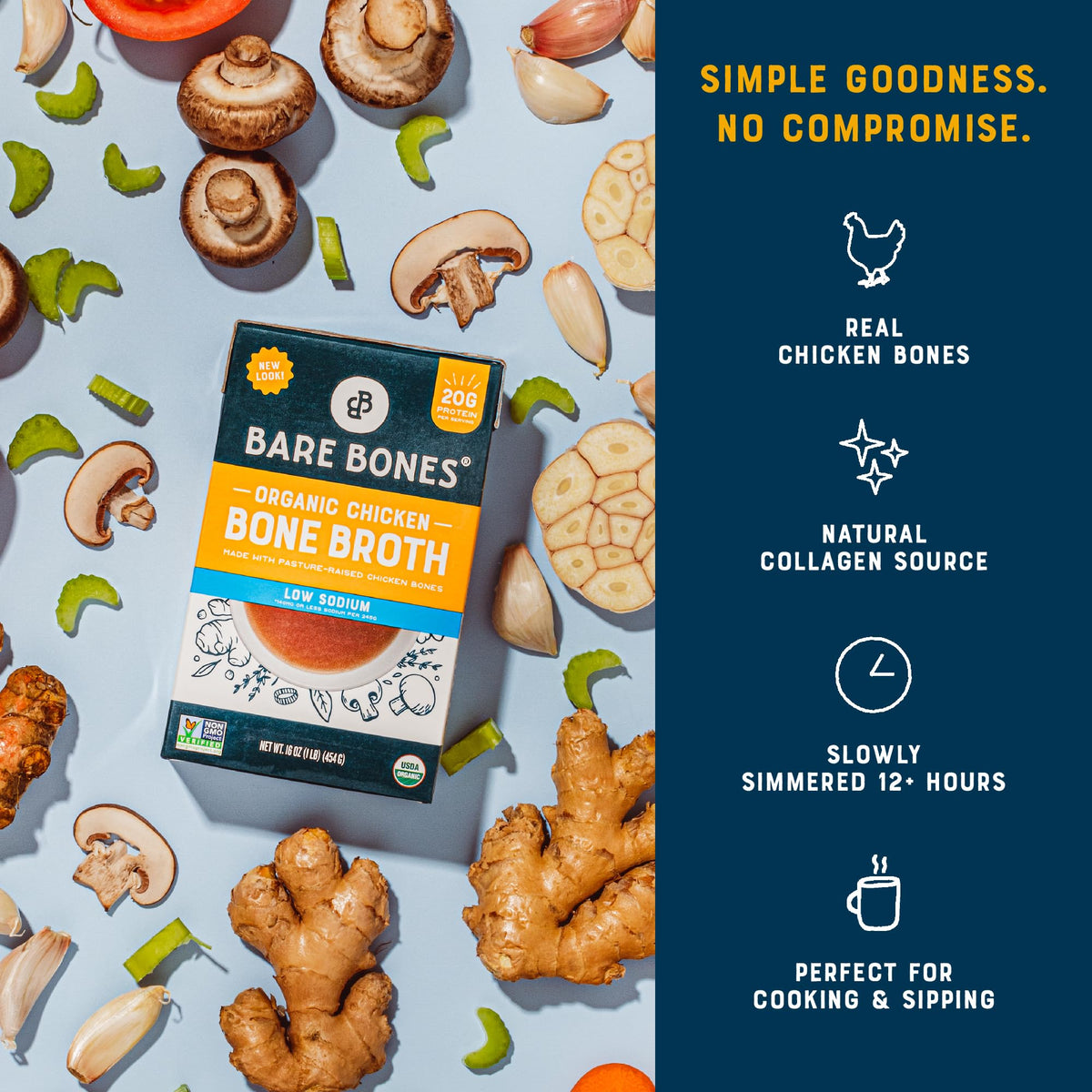 Bare Bones Low Sodium Organic Chicken Bone Broth – Pourable 16oz, 8 Pack | Keto, Paleo, Gluten-Free