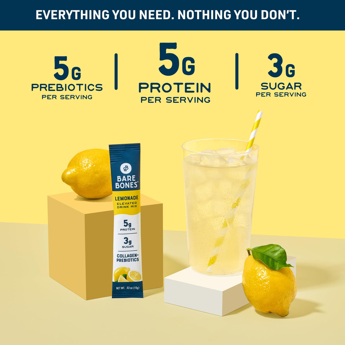 Bare Bones Lemonade Elevated Drink Mix - Light, Flavorful & Gluten-Free | Naturally Sweetened, On-the-Go Sticks, 16 Packets, 5g Protein