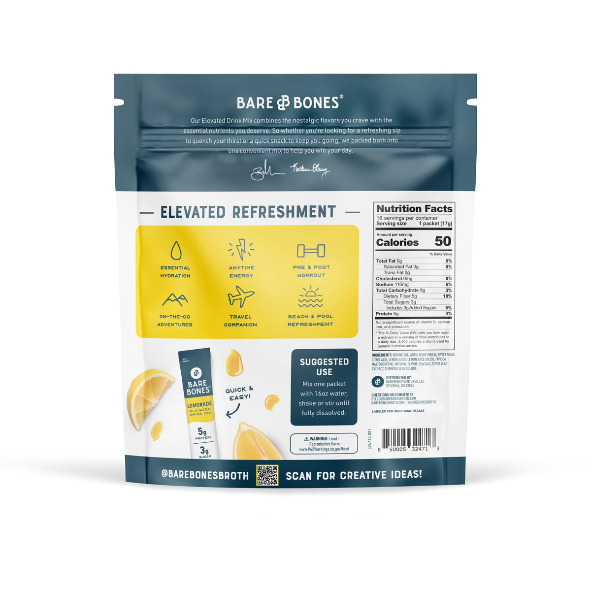 Bare Bones Lemonade Elevated Drink Mix - Light, Flavorful & Gluten-Free | Naturally Sweetened, On-the-Go Sticks, 16 Packets, 5g Protein