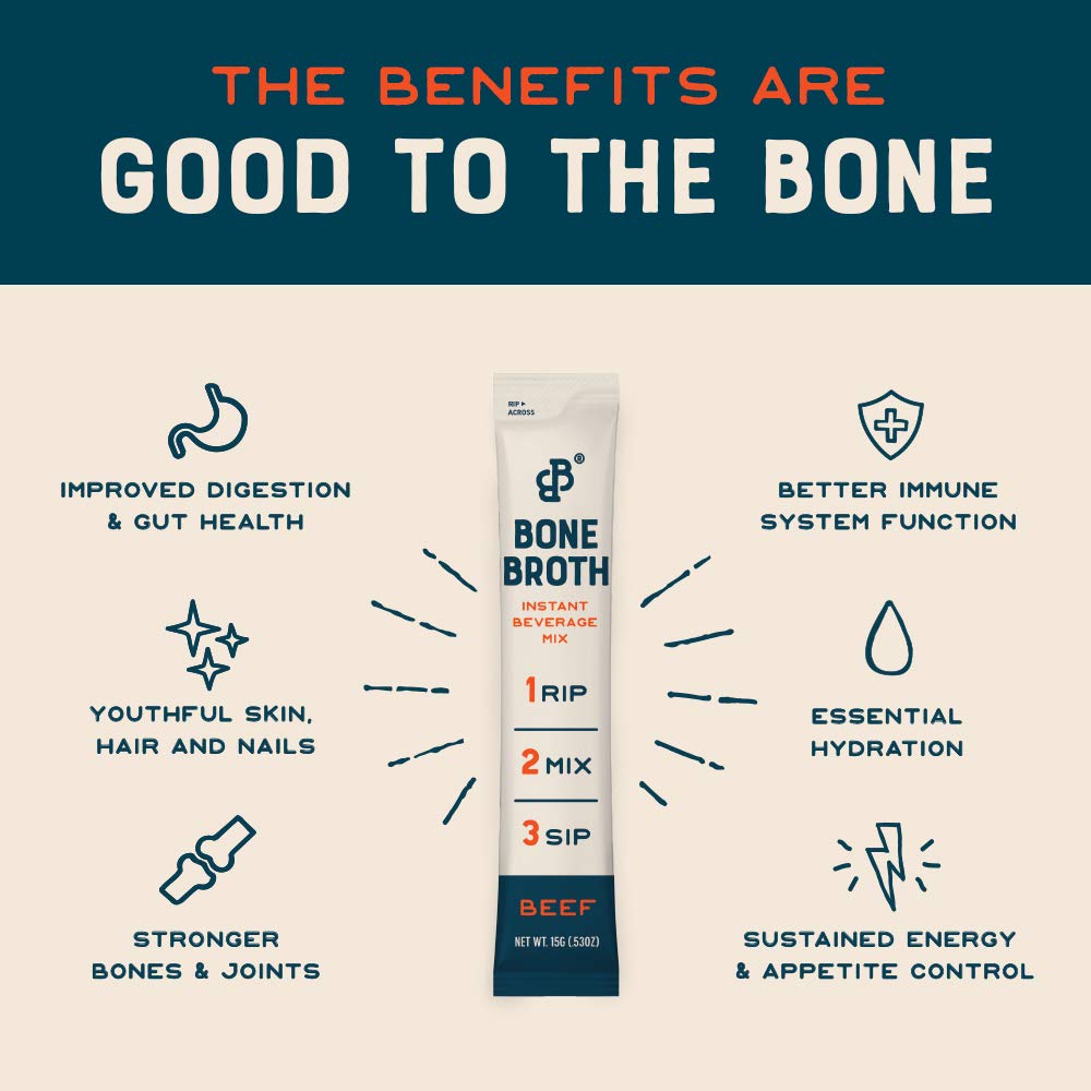 Bare Bones Beef Bone Broth Instant Powder Packets — 32 Pack, Grass-Fed, Keto & Paleo Friendly, 10g Protein per Stick